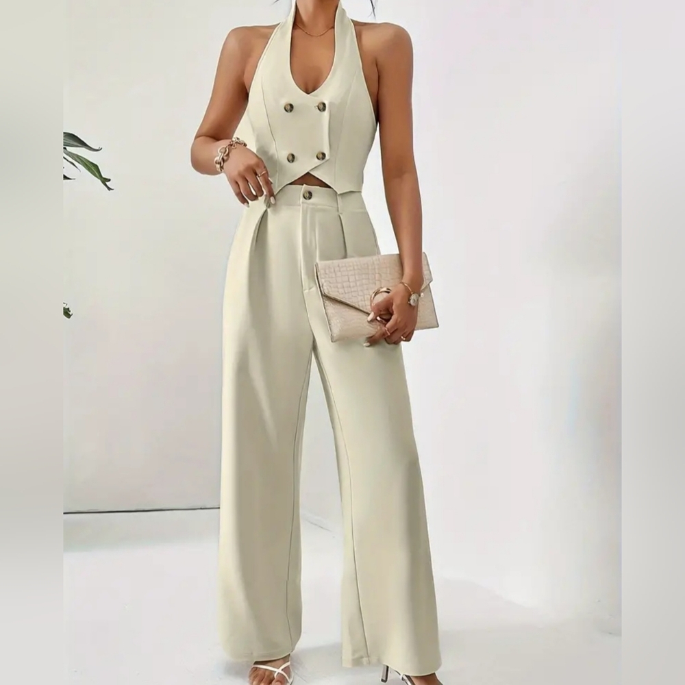 Halter Double-Breasted Crop Vest & Wide-Leg Pants Set - Cream New With Tag